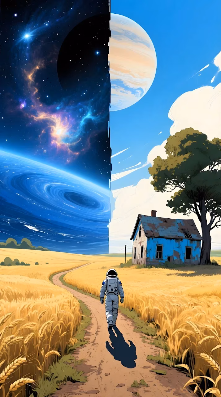 Download Astronaut Walking Between Cosmic Space and Wheat Field Wallpaper in Mobile HD Astronaut Walking Between Cosmic Space and Wheat Field - Free Mobile AMOLED Wallpaper Background