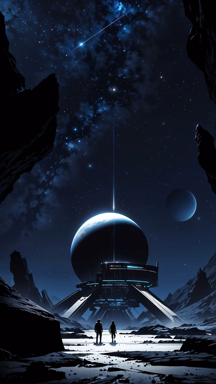 Astronauts Before Futuristic Base on Alien Moon - Free Mobile AMOLED Wallpaper Background