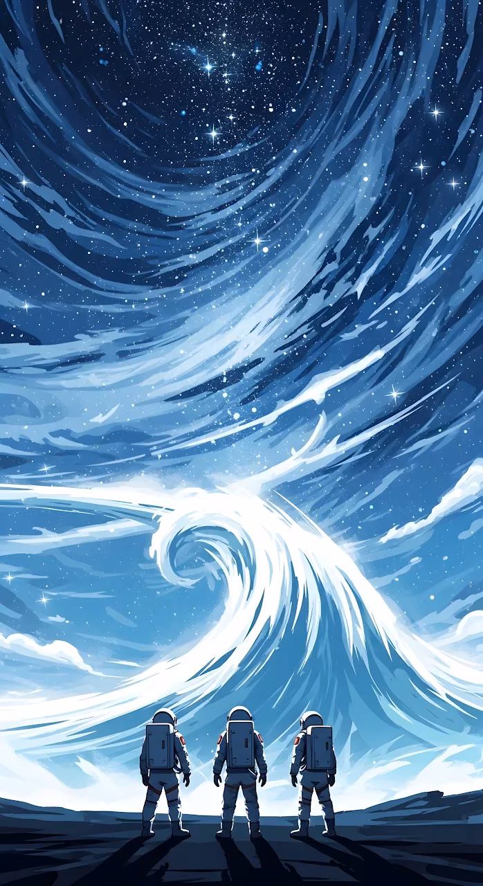 Download Astronauts Facing Cosmic Blue Ocean Wave Sci Fi Art Wallpaper in Mobile HD Astronauts Facing Cosmic Blue Ocean Wave Sci Fi Art - Free Mobile AMOLED Wallpaper Background