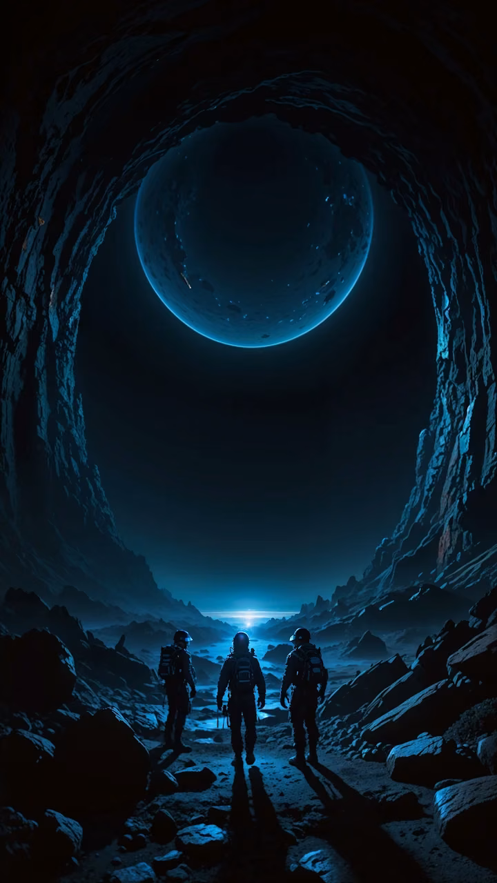 Astronauts Gazing at Blue Planet in Cave - Free Mobile AMOLED Wallpaper Background
