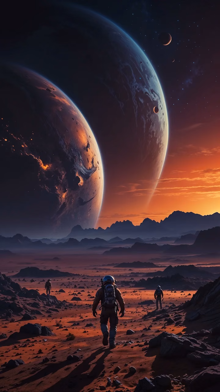 Astronauts on Red Planet Under Giant Moons - Free Mobile AMOLED Wallpaper Background