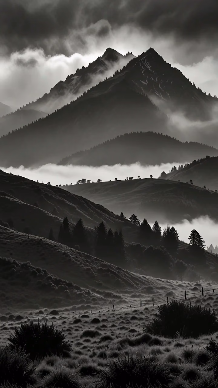 Atmospheric Black and White Layered Mountain Fog Landscape - Free 4K Desktop Wallpaper Background