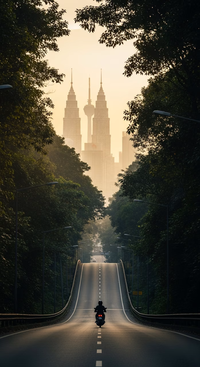 Atmospheric Morning View of a Moped Rider on a Road Leading Towards a Hazy Kuala Lumpur Skyline - Free Mobile AMOLED Wallpaper Background