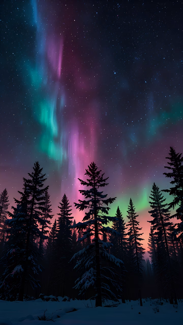 Download Aurora Borealis Over Snowy Pine Forest at Night Wallpaper in Mobile HD Aurora Borealis Over Snowy Pine Forest at Night - Free Mobile AMOLED Wallpaper Background