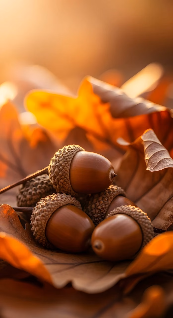 Autumn Acorns Macro in Golden Forest Light - Free Mobile AMOLED Wallpaper Background