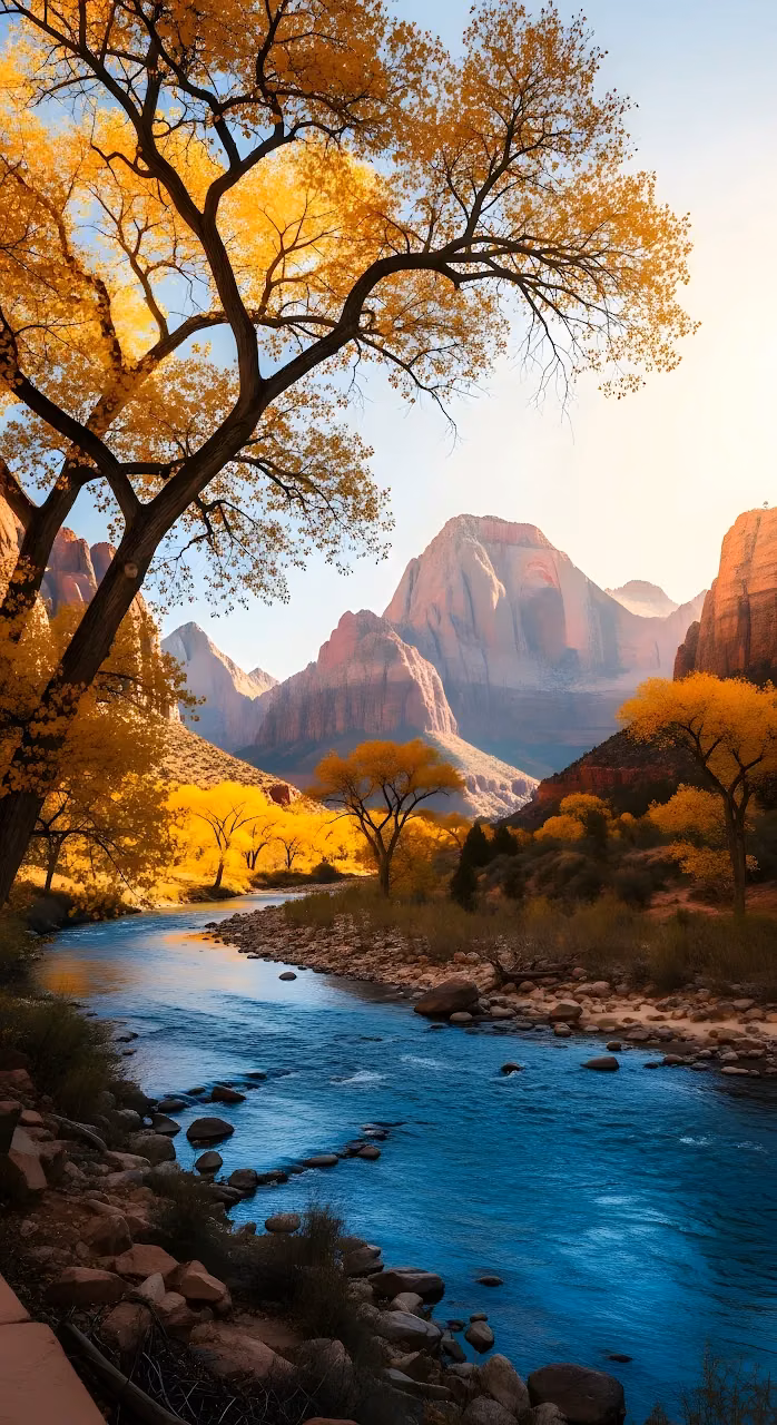 Autumn Colors Along River in Red Rock Canyon Landscape - Free Mobile AMOLED Wallpaper Background