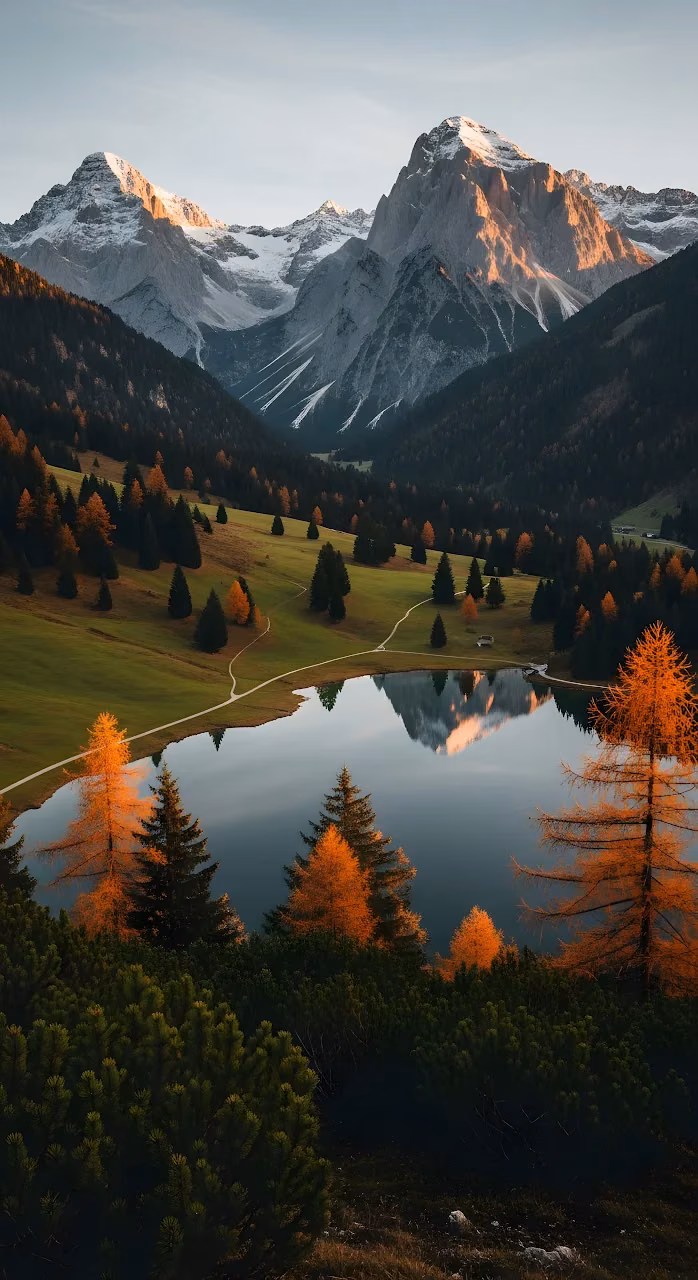 Autumn Larch Trees Reflected in Calm Alpine Mountain Lake - Free Mobile AMOLED Wallpaper Background