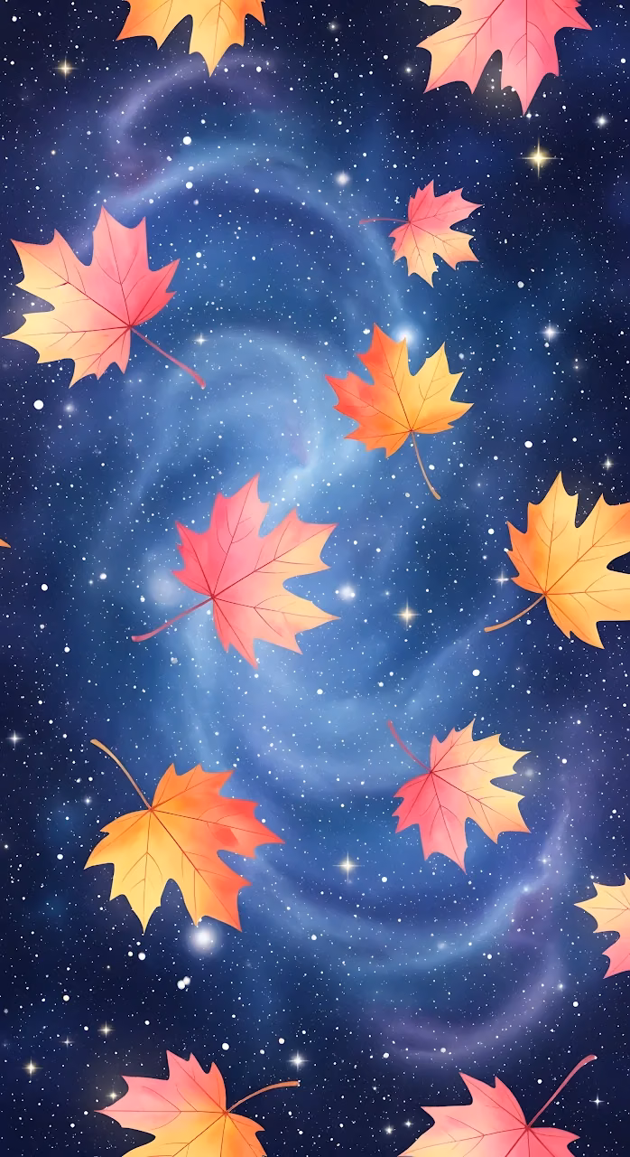 Autumn Maple Leaves Floating in Starry Galaxy Nebula - Free Mobile AMOLED Wallpaper Background