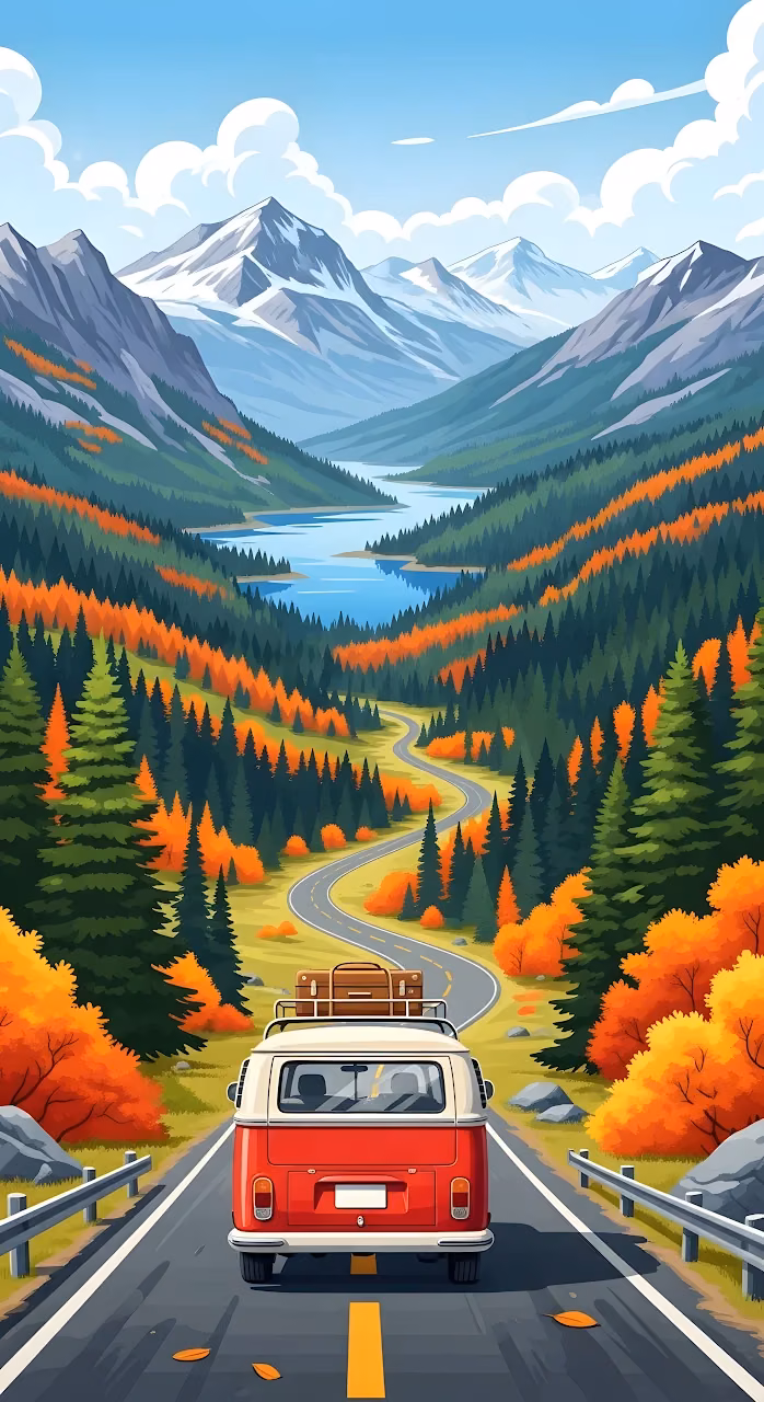 Download Autumn Mountain Road Trip in Red VW Bus Camper Wallpaper in Mobile HD Autumn Mountain Road Trip in Red VW Bus Camper - Free Mobile AMOLED Wallpaper Background