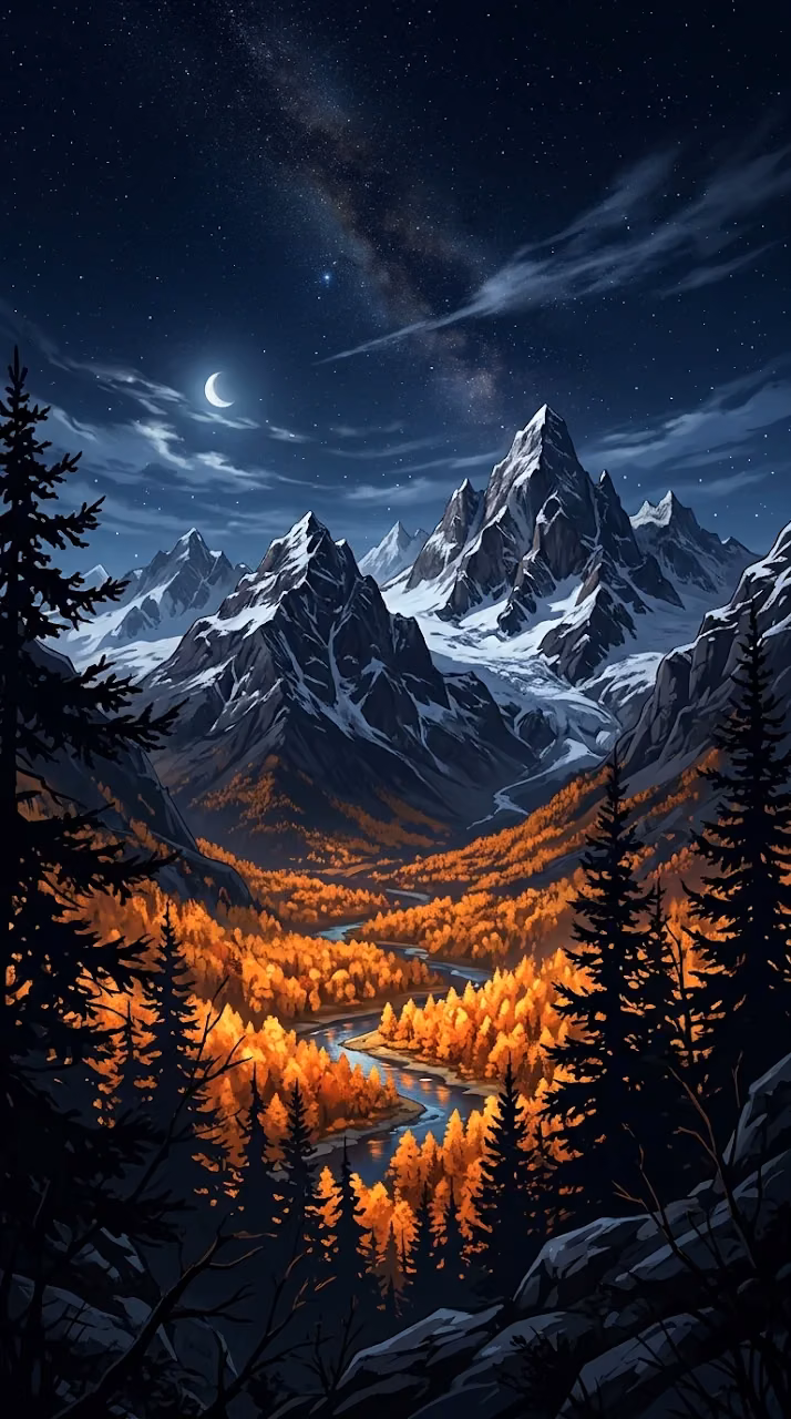 Download Autumn Mountain Valley Illustration in Anime Aesthetic Wallpaper in Mobile HD Autumn Mountain Valley Illustration in Anime Aesthetic - Free Mobile AMOLED Wallpaper Background