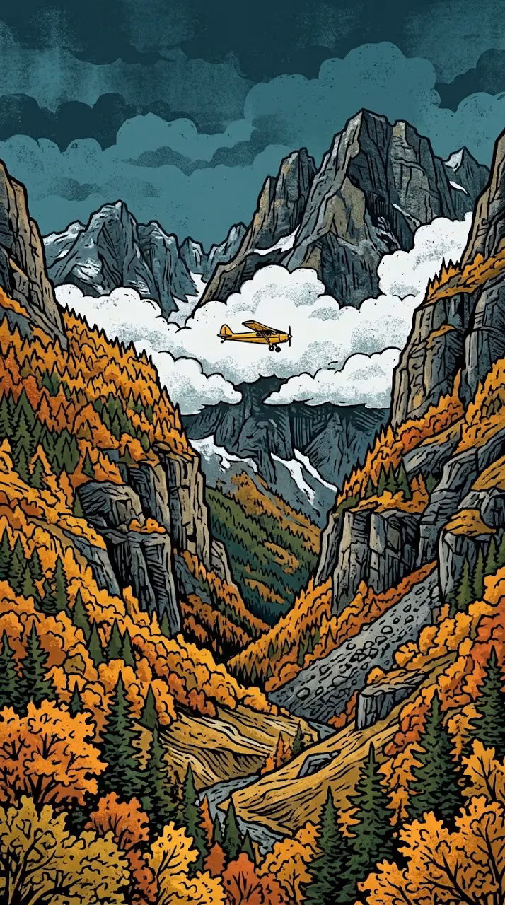 Autumn Mountain Valley Vector Landscape with Small Biplane - Free Mobile AMOLED Wallpaper Background