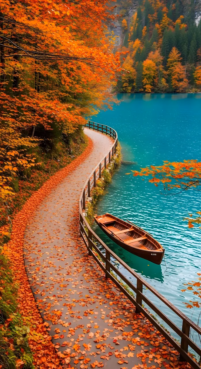 Download Autumn Path by Turquoise Lake with Moored Rowboat Wallpaper in Mobile HD Autumn Path by Turquoise Lake with Moored Rowboat - Free Mobile AMOLED Wallpaper Background