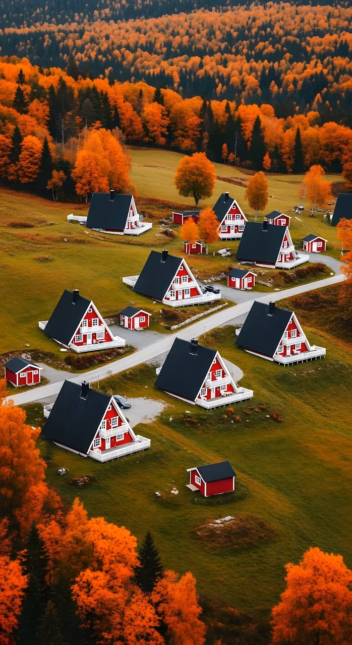 Autumn Scandinavian Village A Frame Houses Forest Landscape - Free Mobile AMOLED Wallpaper Background