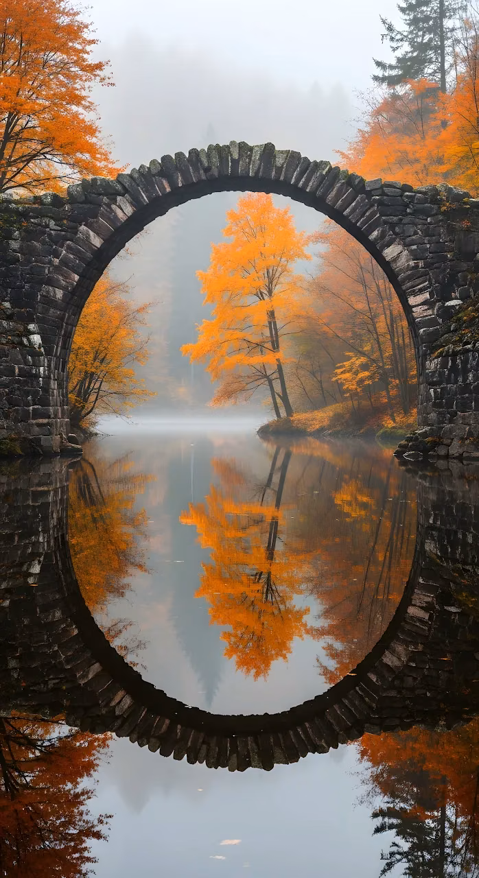 Autumn Stone Arch Bridge Reflection Foggy Lake - Free Mobile AMOLED Wallpaper Background