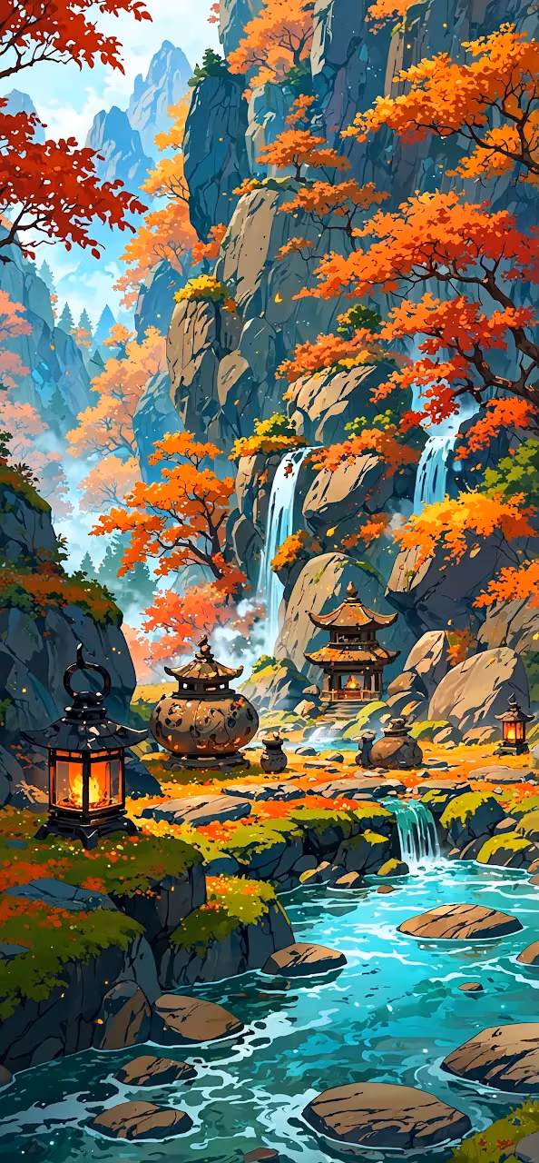Autumn Waterfall Temple in Mountain Valley - Free Mobile AMOLED Wallpaper Background