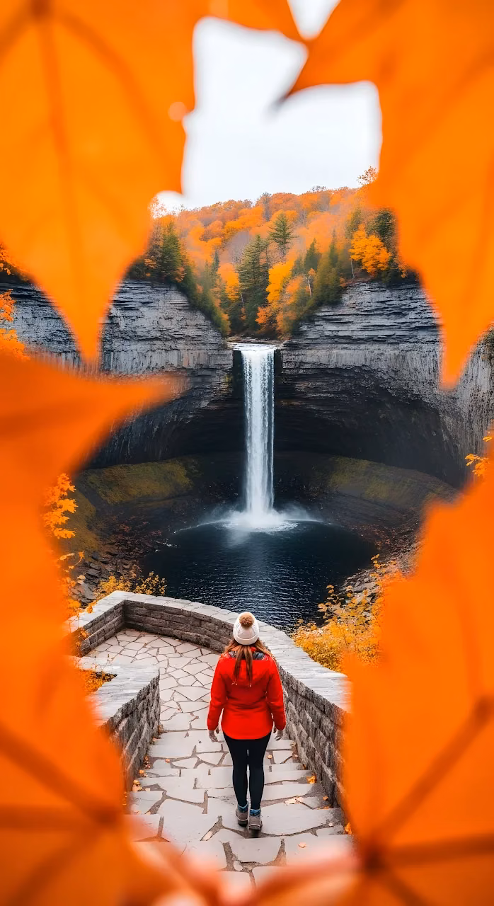 Autumn Waterfall View Framed by Vibrant Orange Leaves - Free Mobile AMOLED Wallpaper Background