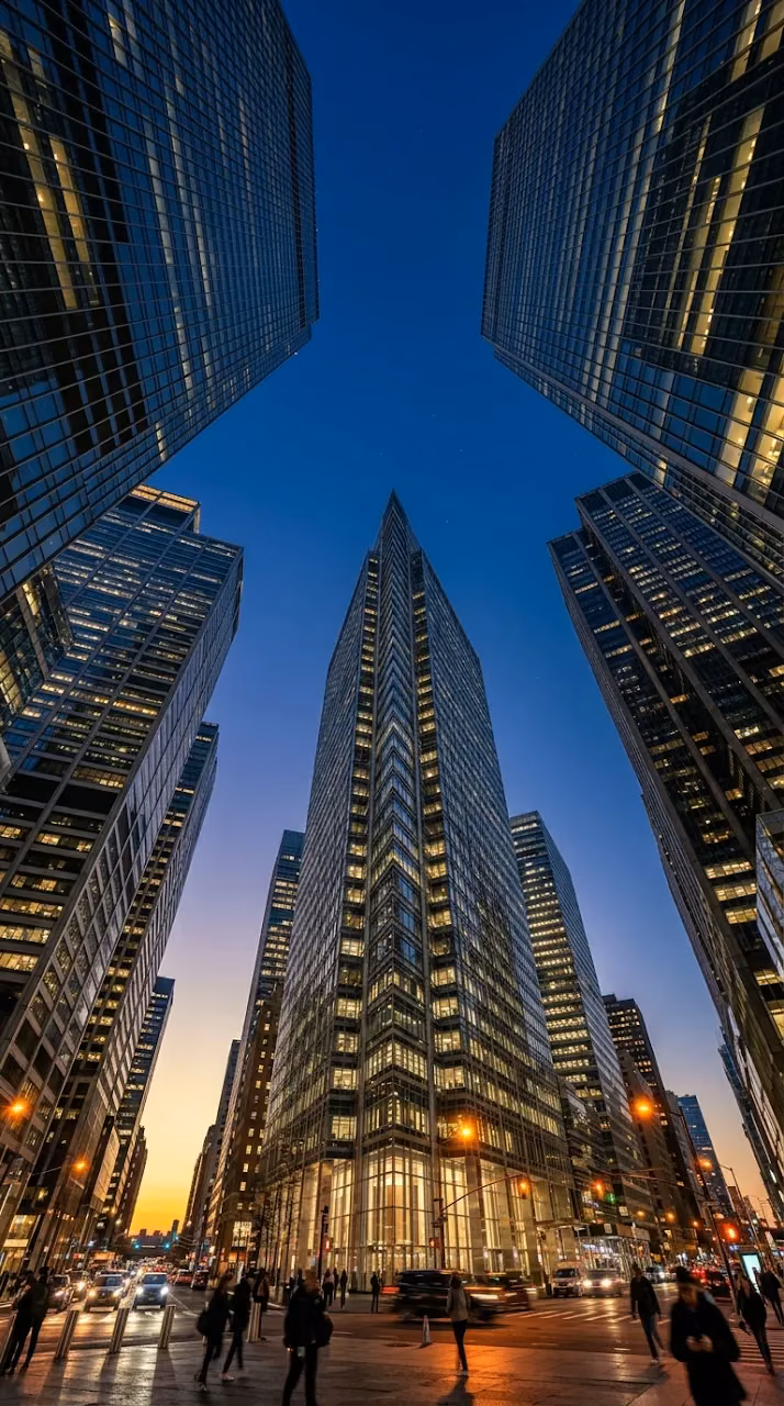 Awe-Inspiring Cityscape at Twilight from the Base of Skyscrapers - Free Mobile AMOLED Wallpaper Background