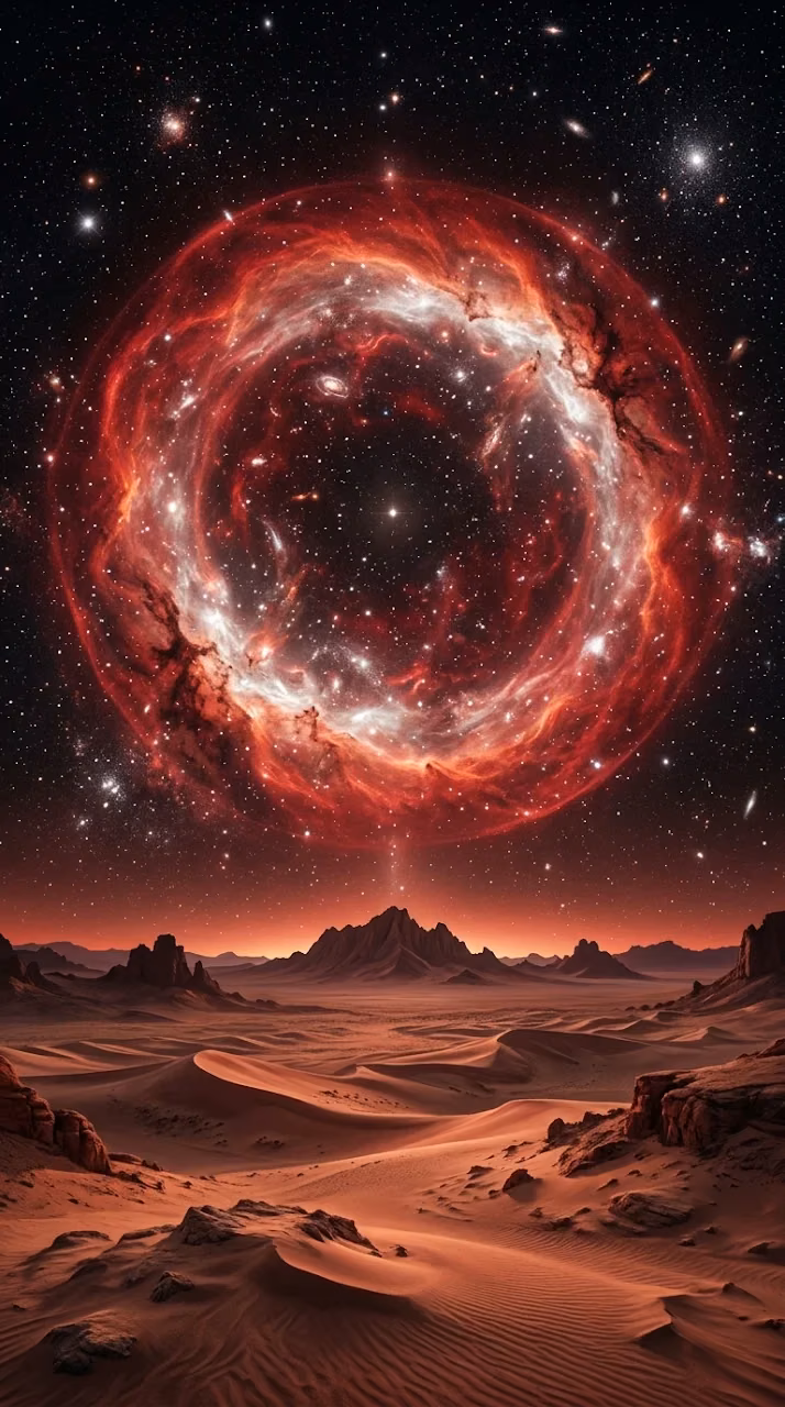 Awe-Inspiring Cosmic Nebula Over Surreal Desert Landscape - Free Mobile AMOLED Wallpaper Background