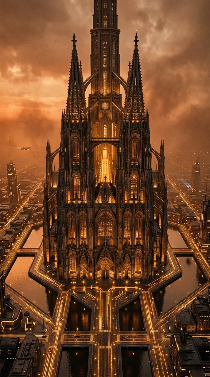 Awe-Inspiring Vertical Cyber-Gothic Citadel Spire Architecture at Dusk - Free Mobile AMOLED Wallpaper Background