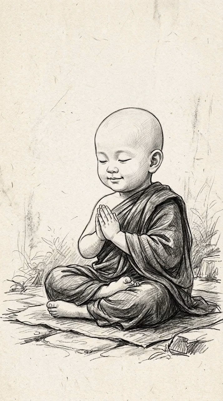 Baby Monk Meditating Pencil Sketch Wallpaper - Free Mobile AMOLED Wallpaper Background