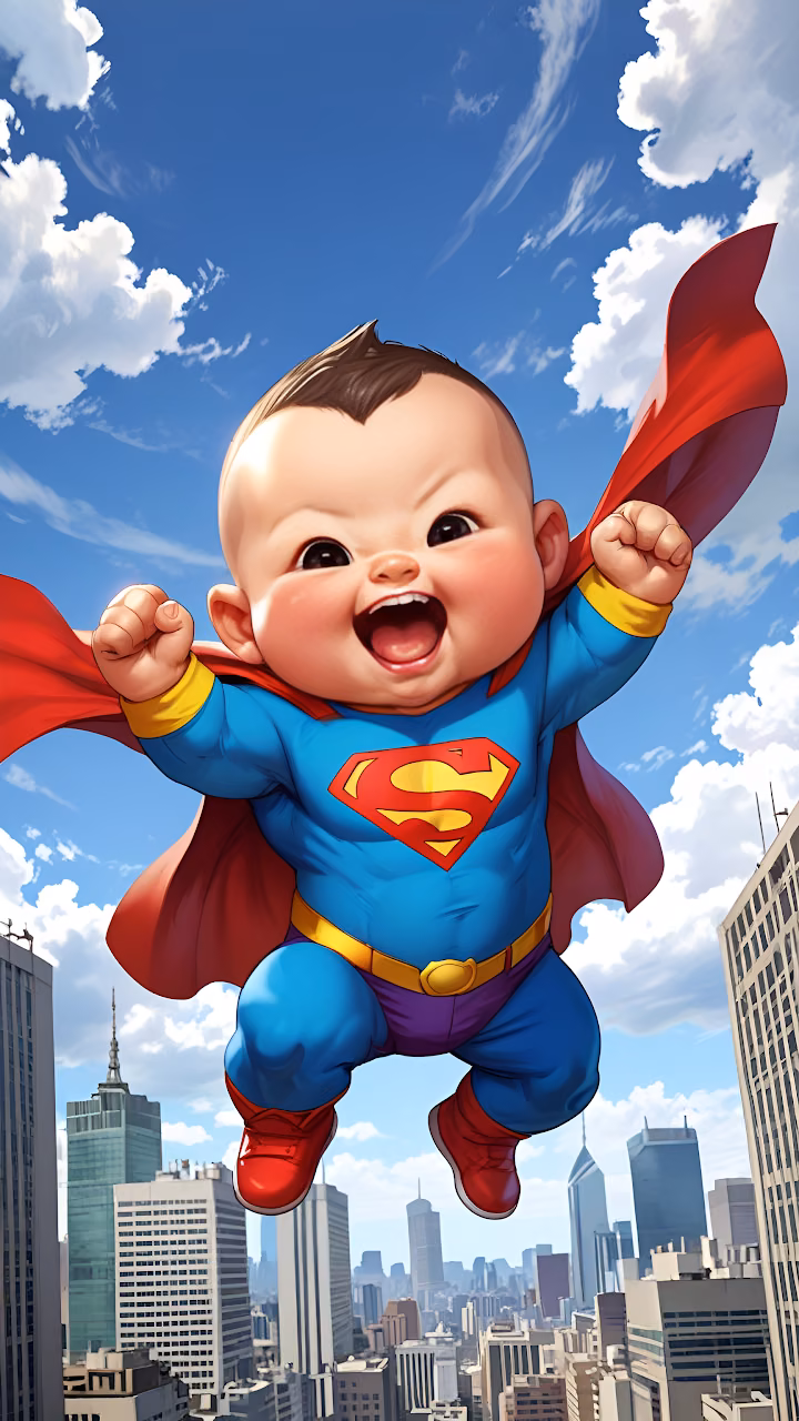 Baby Superman soars joyfully over city with red cape flying - Free Mobile AMOLED Wallpaper Background