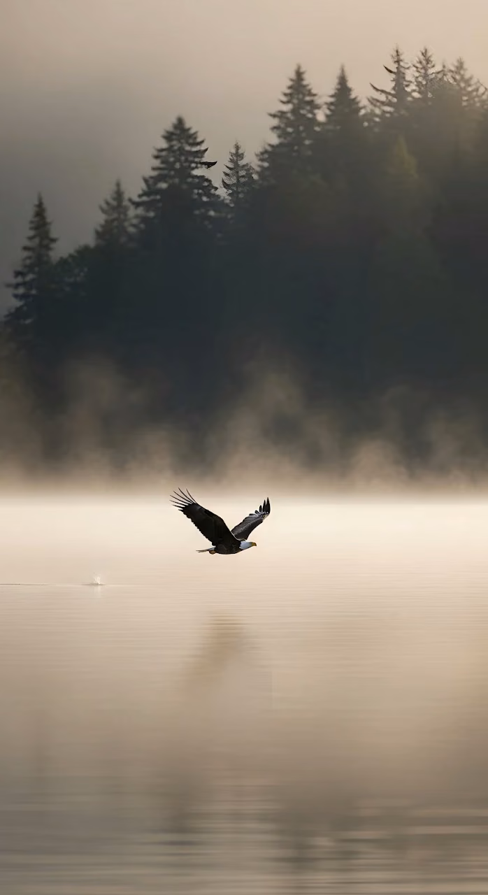 Download Bald Eagle Flying Low Over Misty Lake at Dawn Wallpaper in Mobile HD Bald Eagle Flying Low Over Misty Lake at Dawn - Free Mobile AMOLED Wallpaper Background