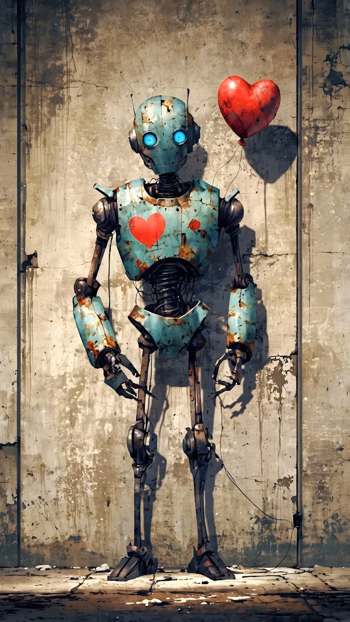 Download Banksy Style Rusted Robot Holding Red Heart Balloon Art Wallpaper in Mobile HD Banksy Style Rusted Robot Holding Red Heart Balloon Art - Free Mobile AMOLED Wallpaper Background