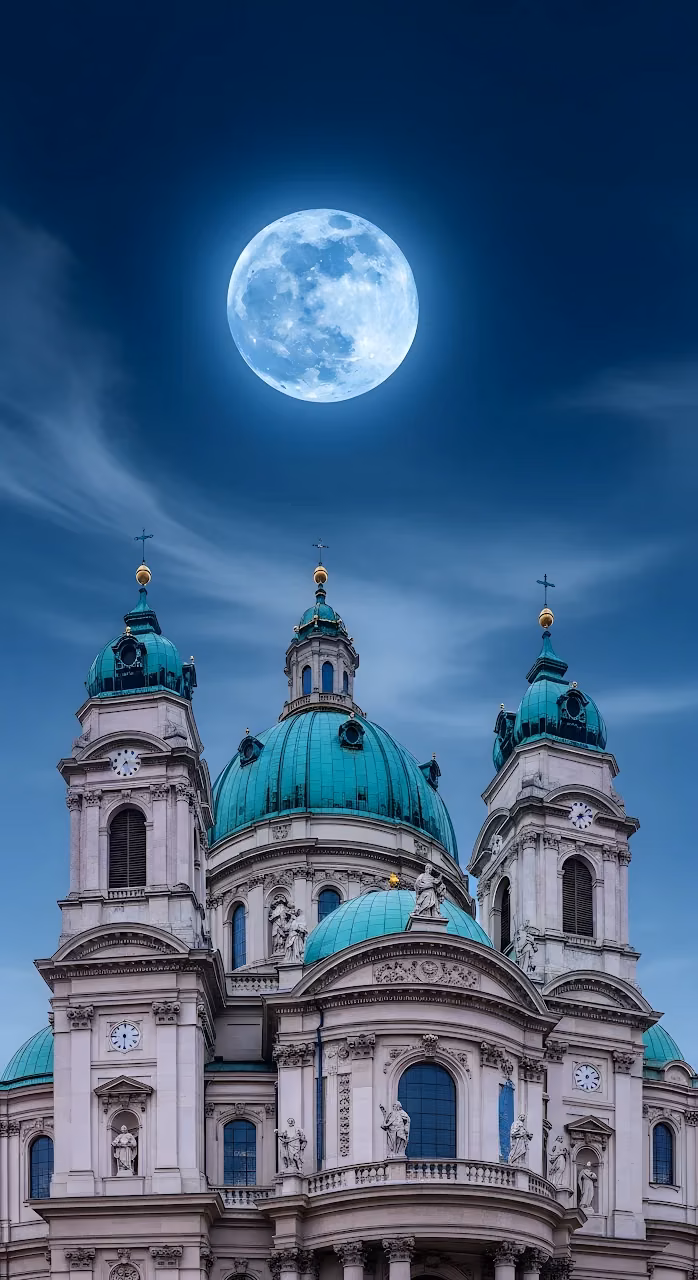 Baroque Cathedral Domes under a Giant Blue Full Moon - Free Mobile AMOLED Wallpaper Background