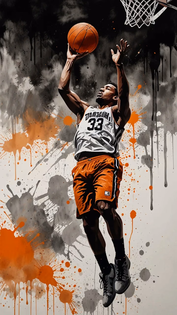 Basketball Player Dunks Amidst Paint Splatter Art - Free Mobile AMOLED Wallpaper Background