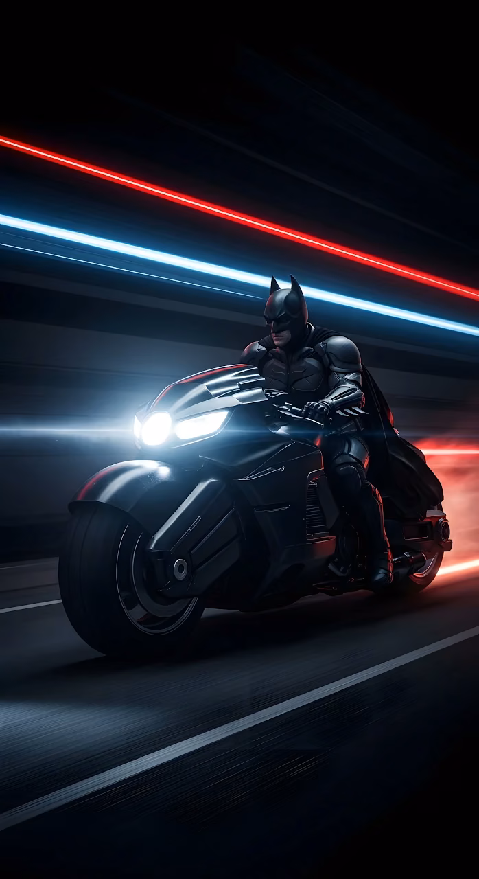 Batman Batcycle Speed Chase Neon Lights Dark Tunnel - Free Mobile AMOLED Wallpaper Background