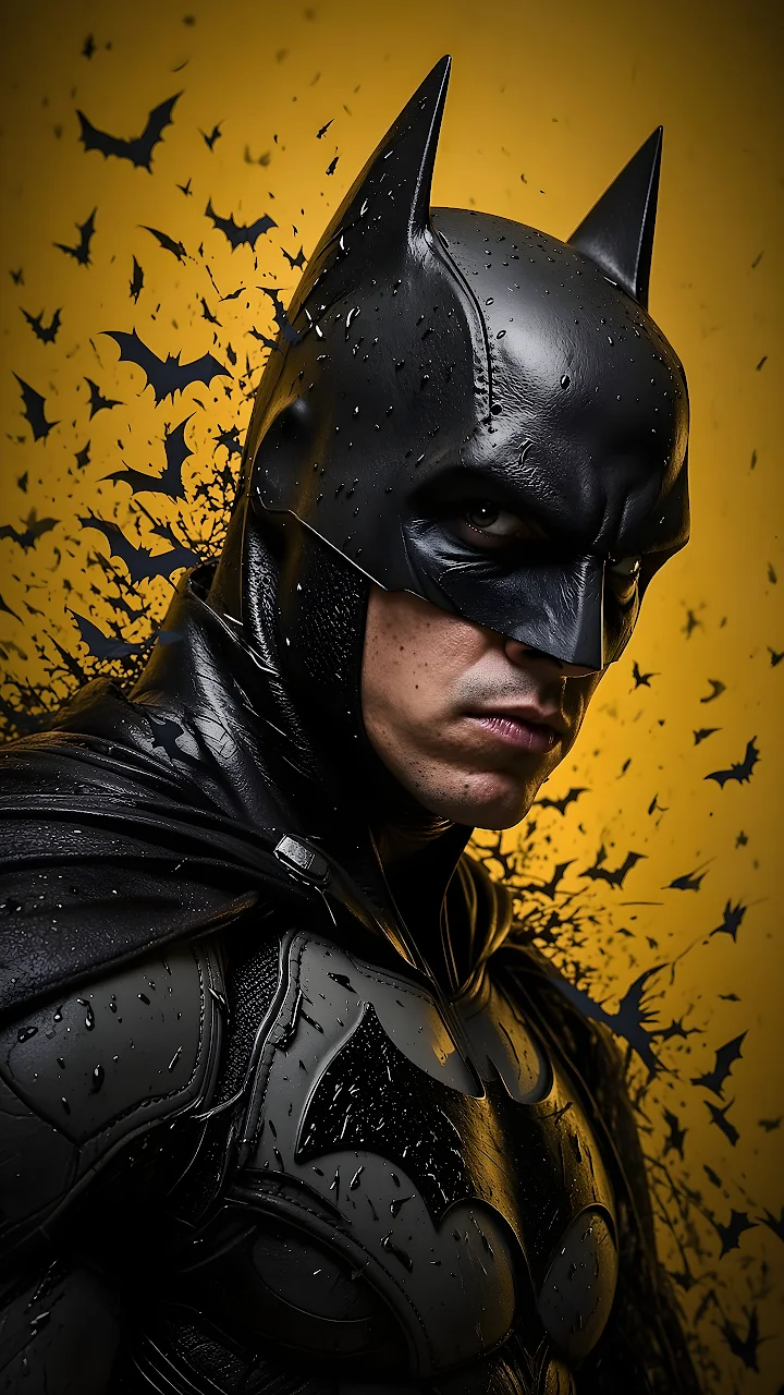 Download Batman Mask Yellow Silhouette 4K Wallpaper in Mobile HD Batman wearing a black cowl and textured armor with bats silhouetted against a yellow backdrop.