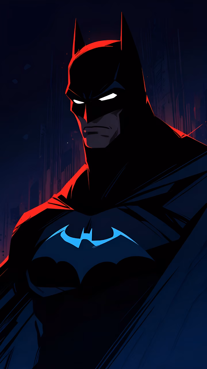 Batman stands in shadow with glowing white eyes and red cape - Free Mobile AMOLED Wallpaper Background