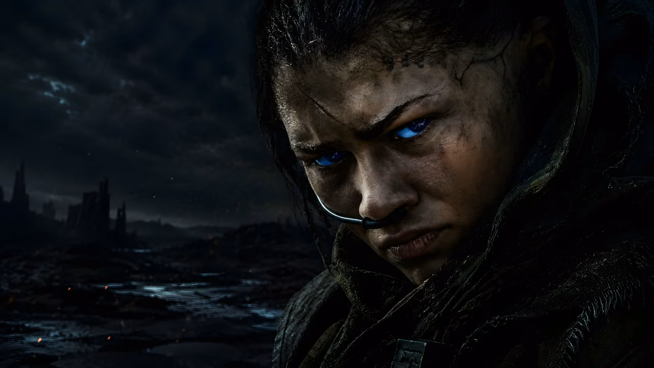 Download Battle-Worn Futuristic Survivor in a Dark Wasteland Wallpaper in 4K UHD Battle-worn futuristic survivor with glowing blue eyes framed on the right.