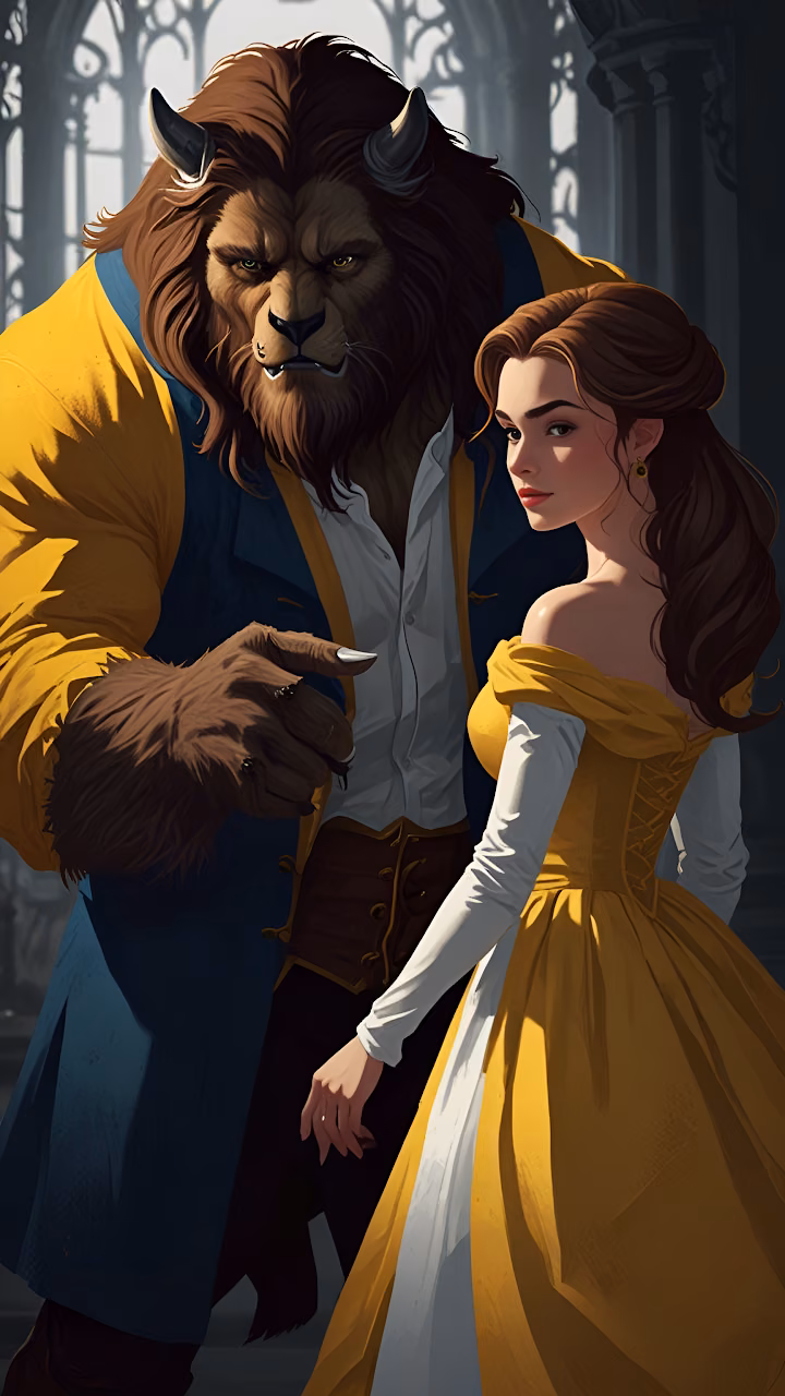 Beauty and the Beast Fantasy Illustration Yellow Dress - Free Mobile AMOLED Wallpaper Background