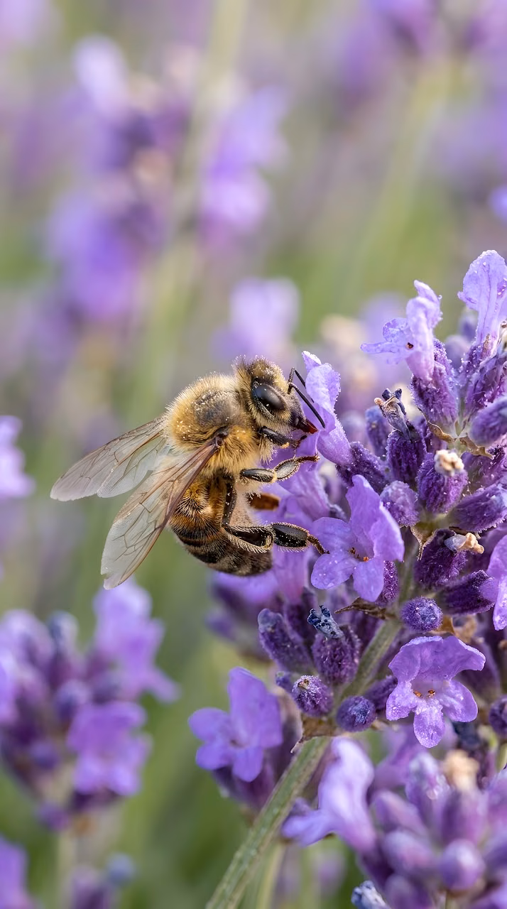 Bee on Purple Lavender Flowers Close Up - Free Mobile AMOLED Wallpaper Background