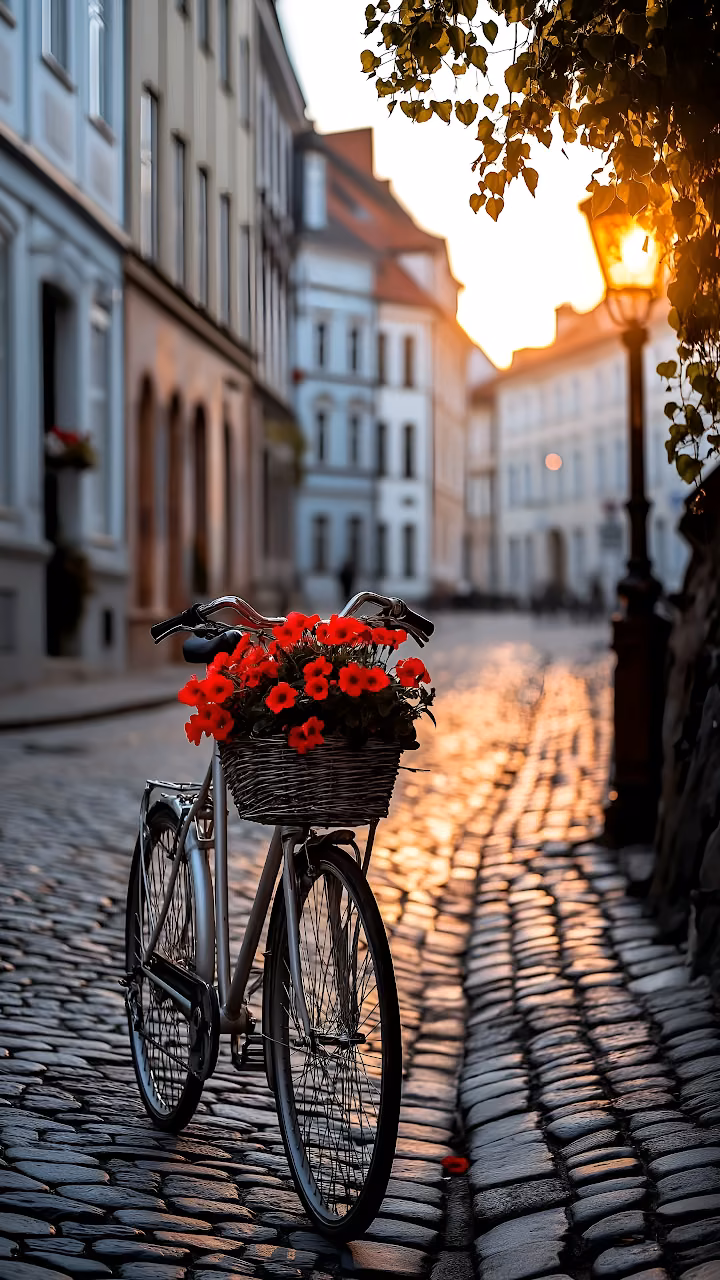 Bicycle with Flower Basket on Cobblestone Street - Free Mobile AMOLED Wallpaper Background