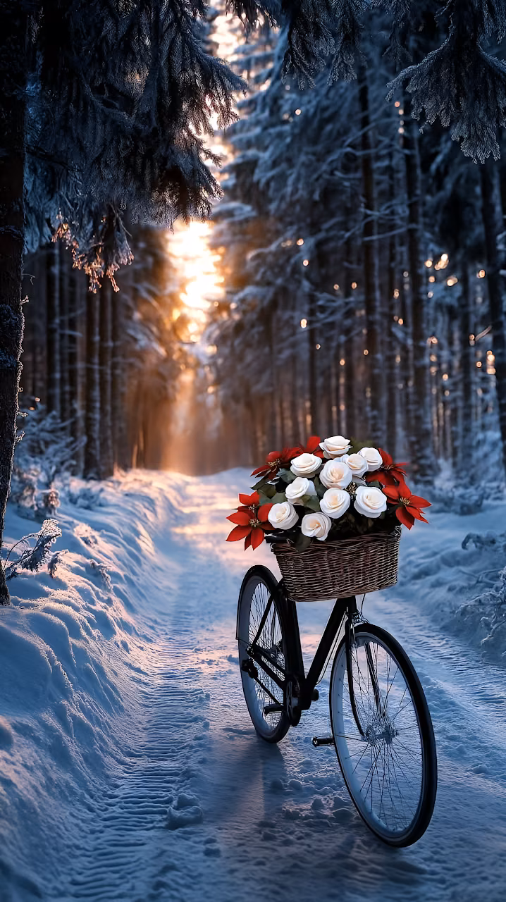 Bicycle with Flower Basket in Snowy Forest Path - Free Mobile AMOLED Wallpaper Background