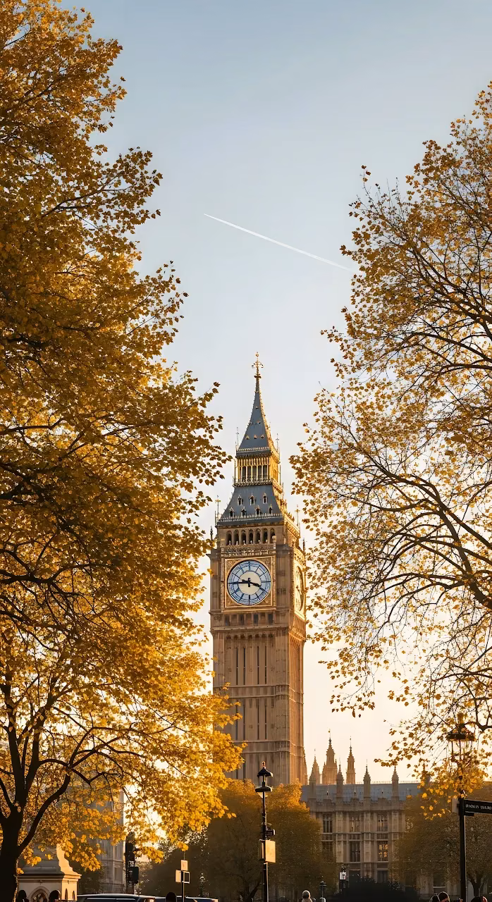 Download Big Ben Framed by Golden Autumn Trees in London Wallpaper in Mobile HD Big Ben Framed by Golden Autumn Trees in London - Free Mobile AMOLED Wallpaper Background