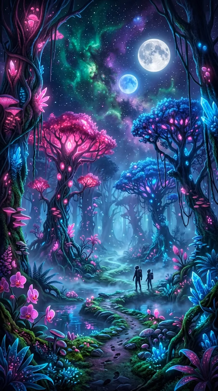 Download Bioluminescent Alien Forest Fantasy Landscape Wallpaper in Mobile HD Bioluminescent Alien Forest Fantasy Landscape - Free Mobile AMOLED Wallpaper Background