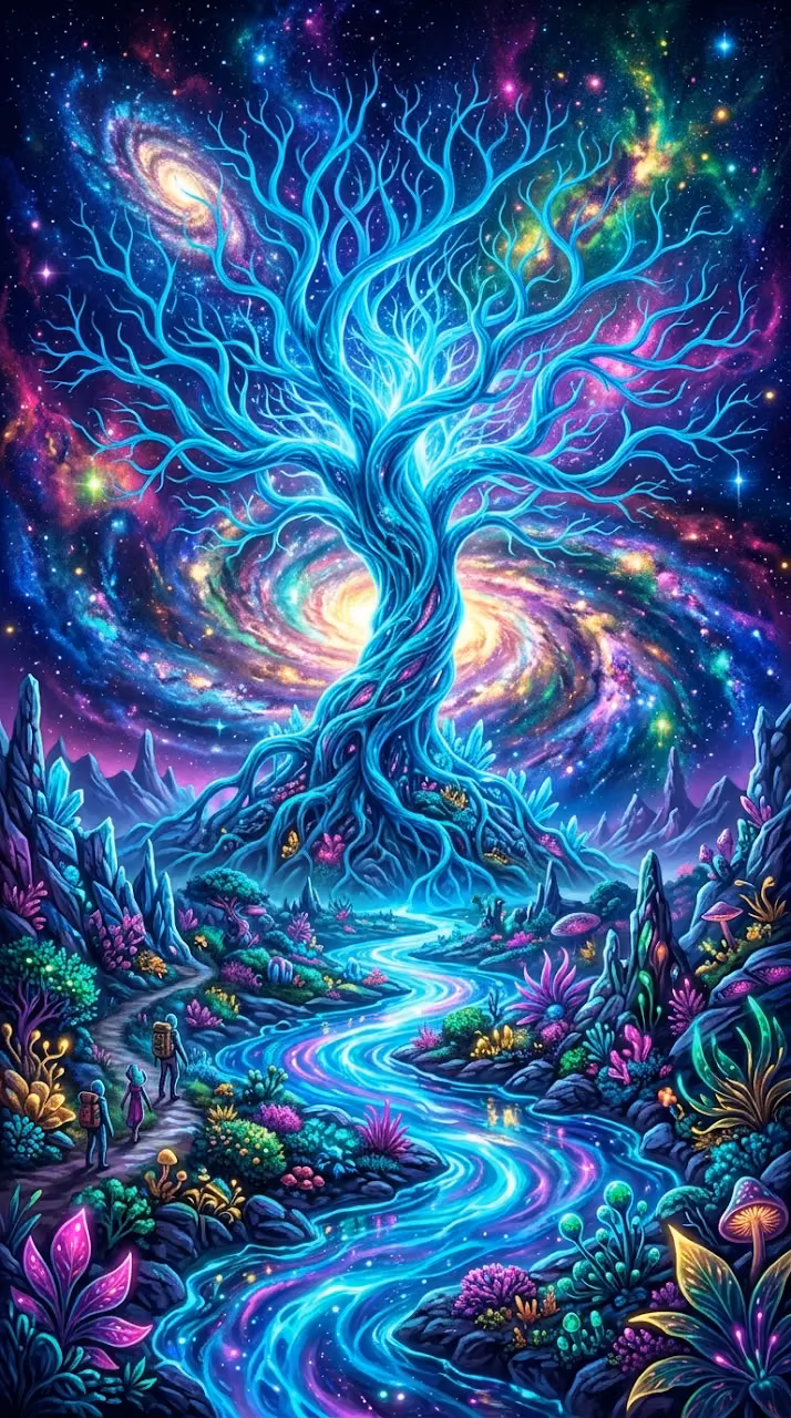 Bioluminescent Alien Tree and River of Light in Cosmic Landscape - Free Mobile AMOLED Wallpaper Background