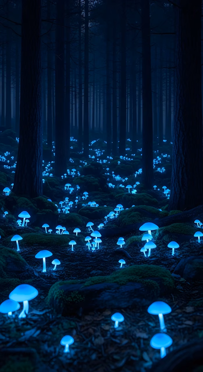 Download Bioluminescent Blue Mushrooms Glowing in Dark Forest Wallpaper in Mobile HD Bioluminescent Blue Mushrooms Glowing in Dark Forest - Free Mobile AMOLED Wallpaper Background