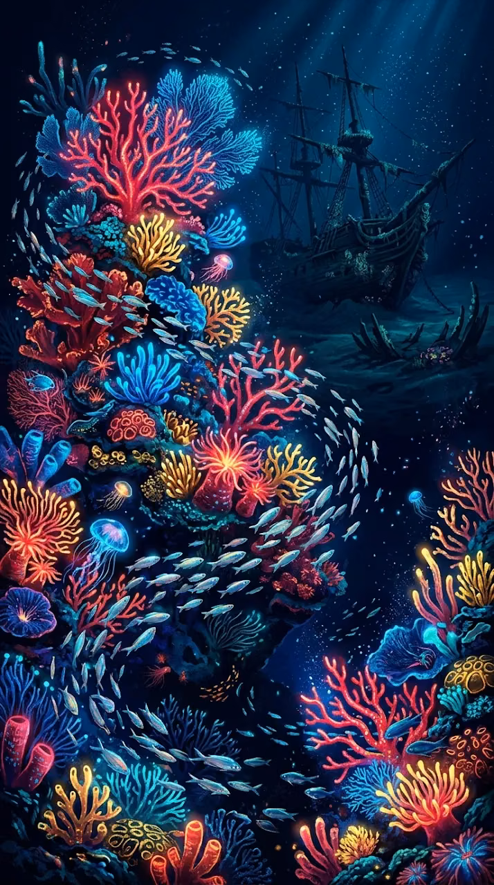 Bioluminescent Coral Reef and Sunken Pirate Ship Underwater - Free Mobile AMOLED Wallpaper Background