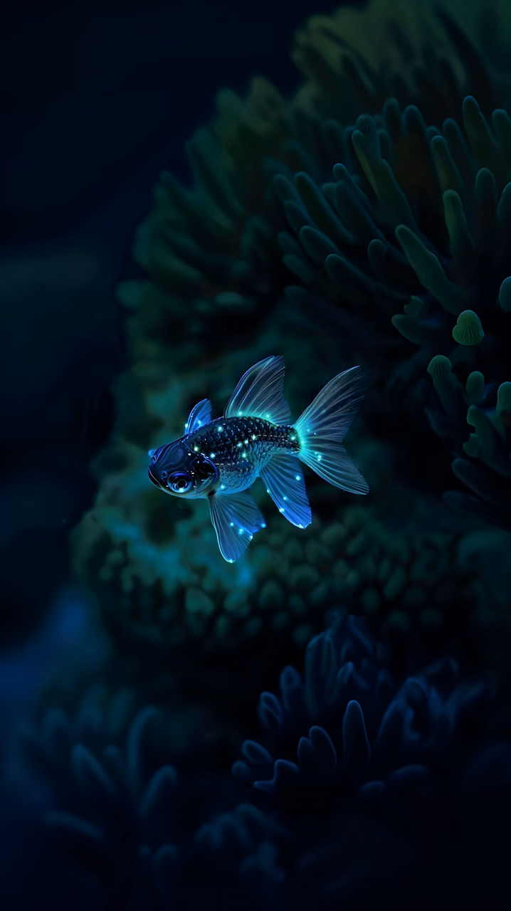 Download Bioluminescent Deep Sea Fish Glowing in Dark Coral Reef Wallpaper in Mobile HD Bioluminescent Deep Sea Fish Glowing in Dark Coral Reef - Free Mobile AMOLED Wallpaper Background