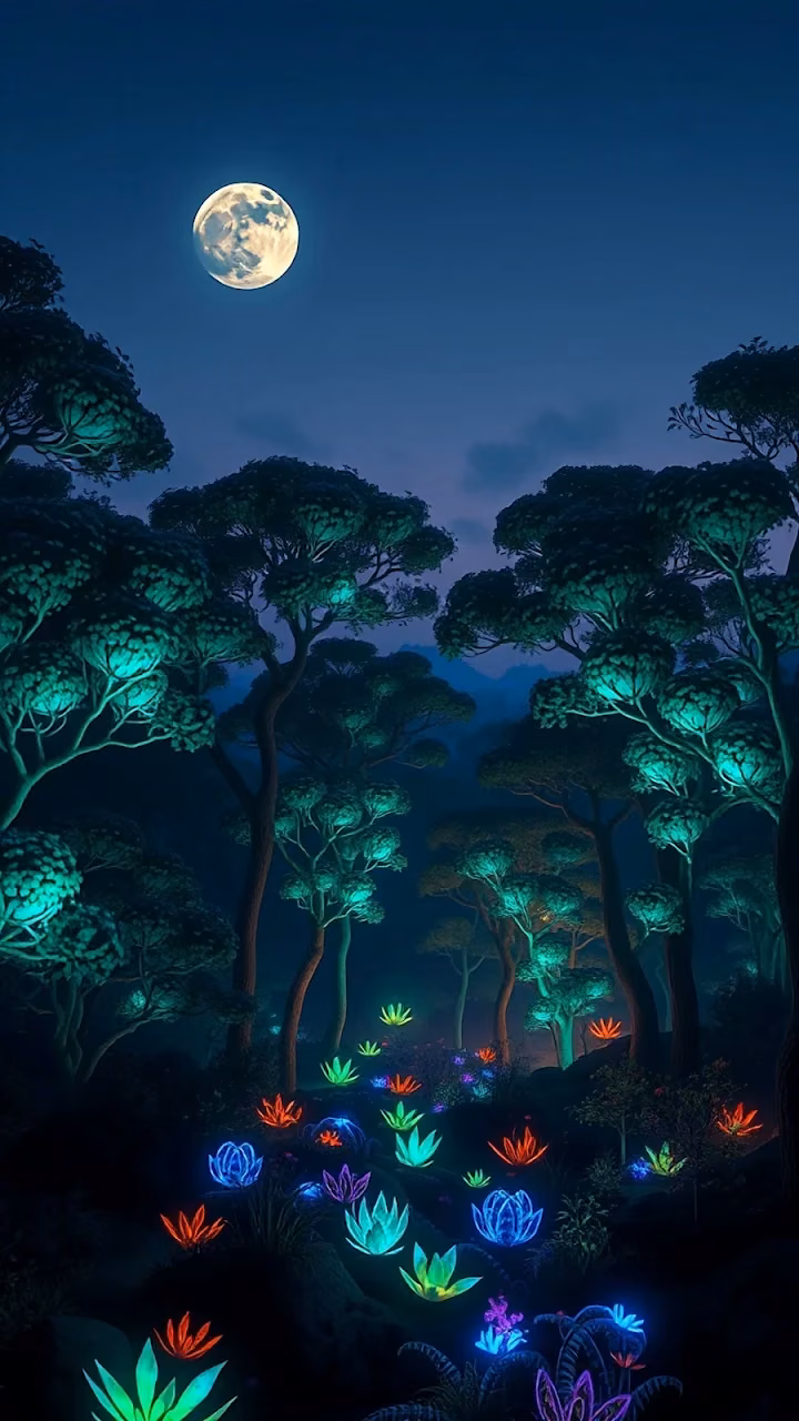 Download Bioluminescent Forest Under Full Moon Magical Night Scene Wallpaper in Mobile HD Bioluminescent Forest Under Full Moon Magical Night Scene - Free Mobile AMOLED Wallpaper Background
