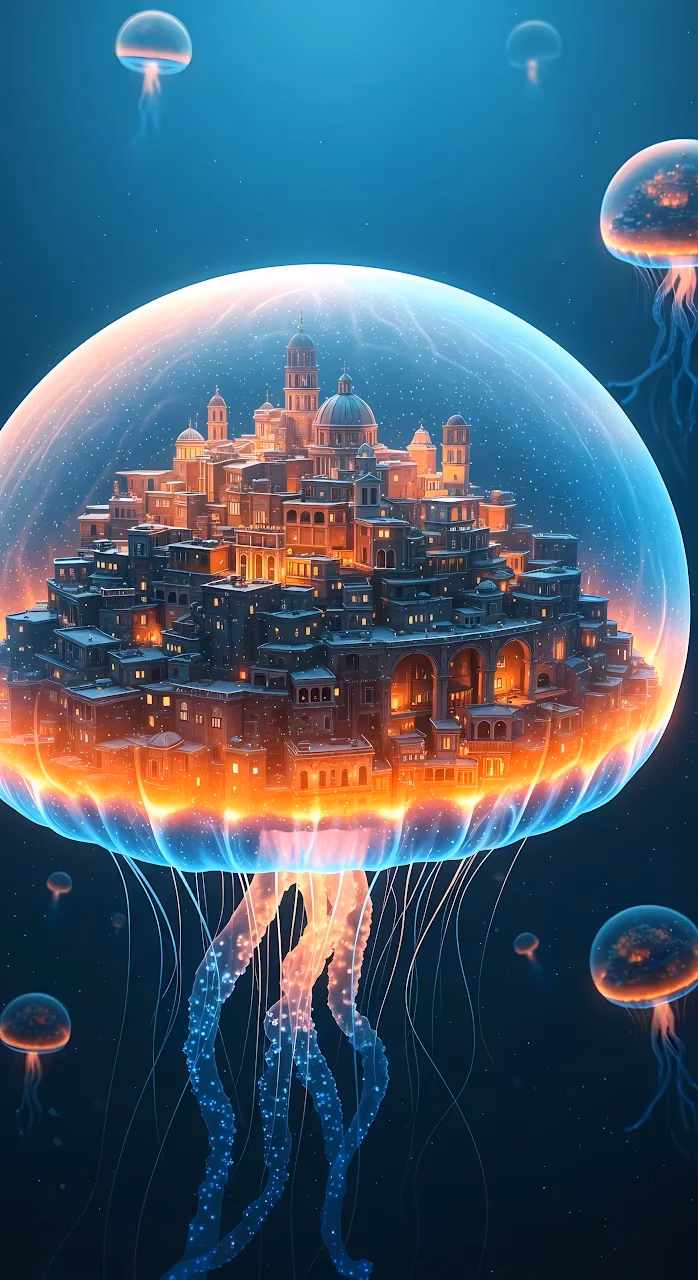 Download Bioluminescent Jellyfish Carrying a Glowing Cityscape Wallpaper in Mobile HD Bioluminescent Jellyfish Carrying a Glowing Cityscape - Free Mobile AMOLED Wallpaper Background