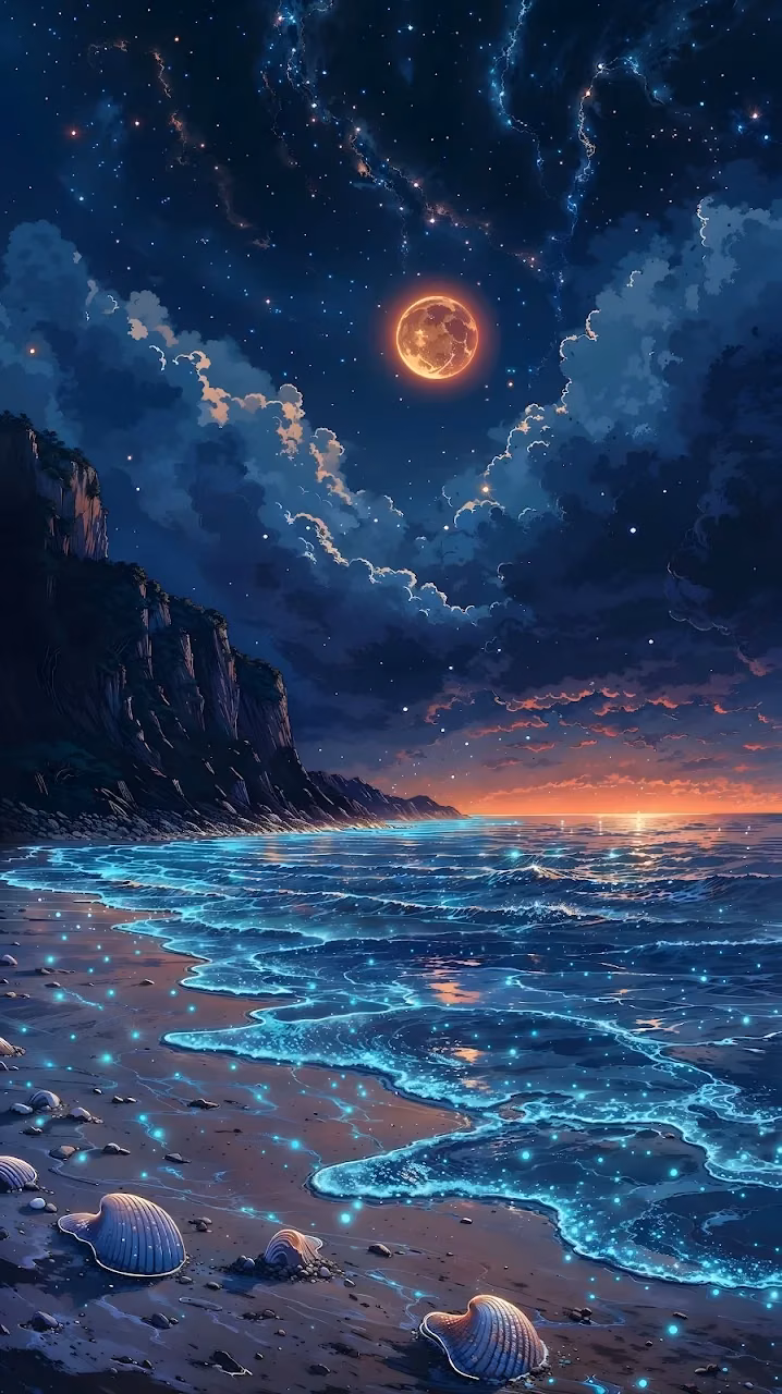 Bioluminescent Ocean Waves Under Orange Full Moon - Free Mobile AMOLED Wallpaper Background