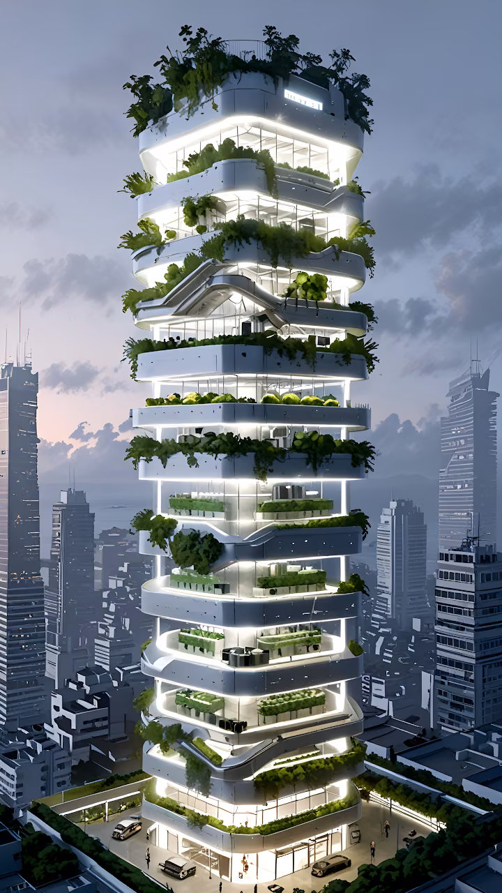 Biophilic Urban Skyscraper with Illuminated Garden Terraces - Free Mobile AMOLED Wallpaper Background