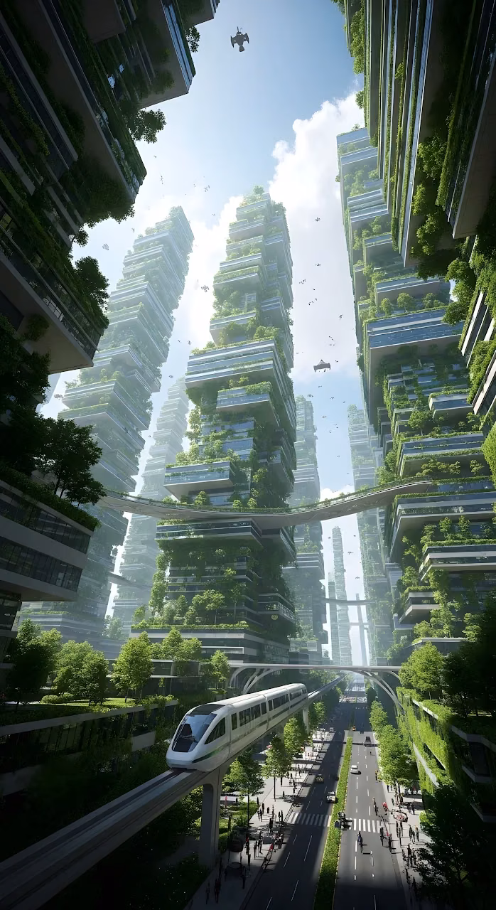 Biophilic Vertical Gardens in Sustainable Future City Architecture - Free Mobile AMOLED Wallpaper Background