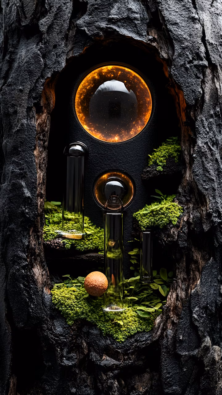 Biopunk Terrarium Vials in Burnt Tree Bark Niche - Free Mobile AMOLED Wallpaper Background