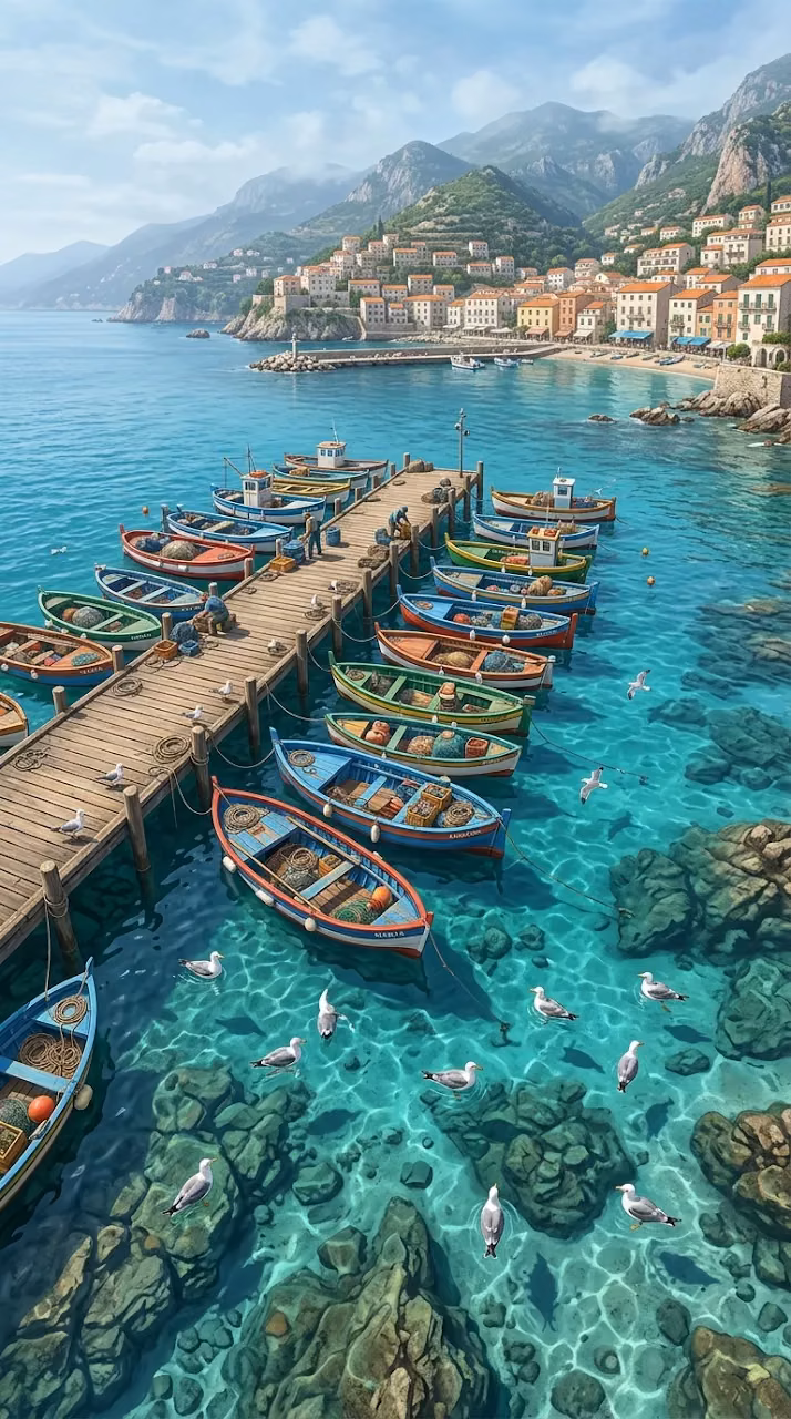 Bird's Eye View of Fishing Boats in Clear Blue Harbor - Free Mobile AMOLED Wallpaper Background